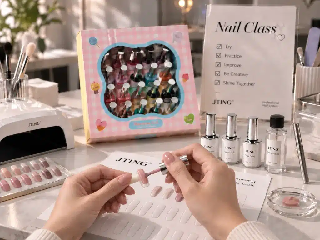 Educator applying pink gel nail polish to a practice nail tip on a white holder, with JTING products and color swatches nearby.