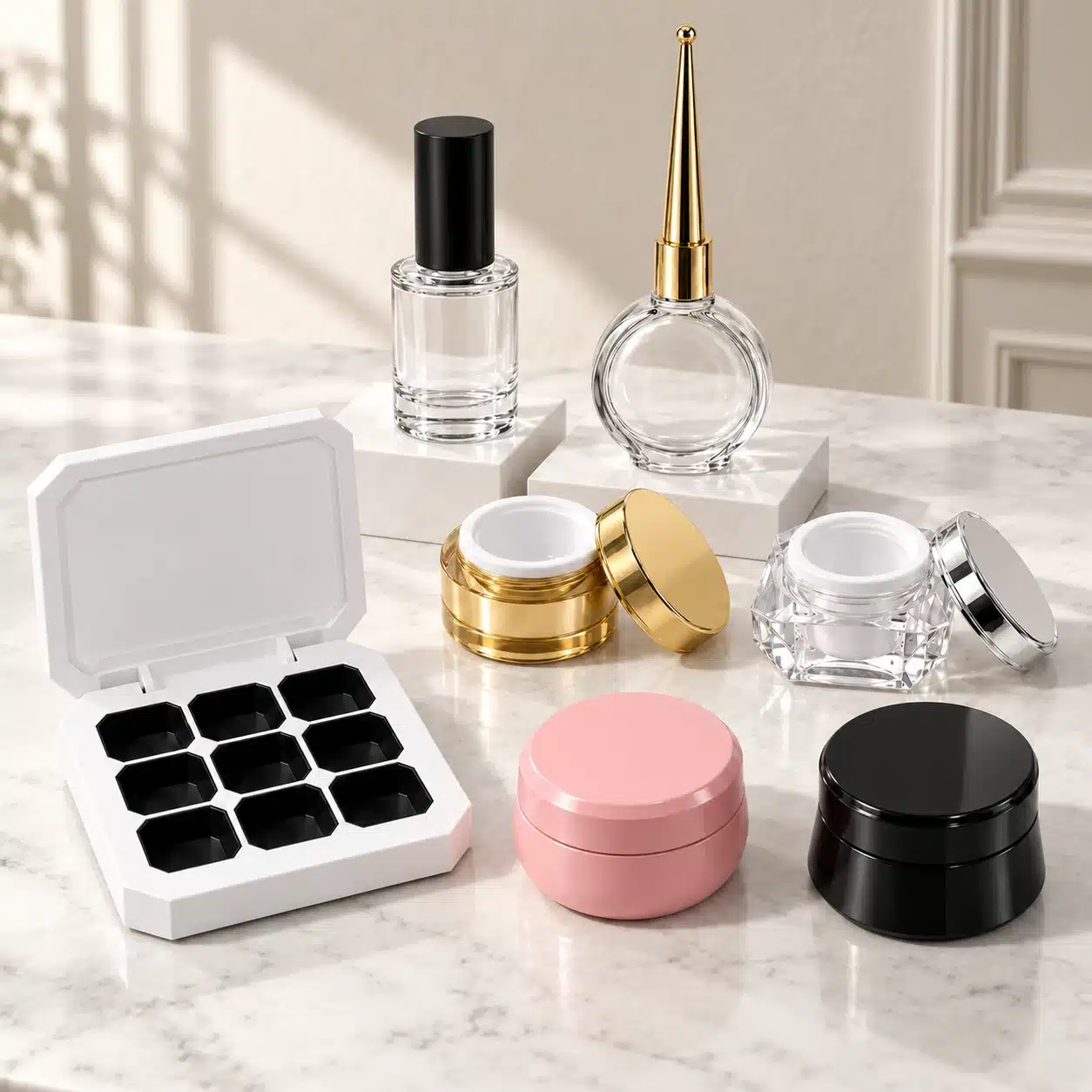 Nail packaging samples including clear bottles with caps, open and closed jars, and a white nine-compartment container