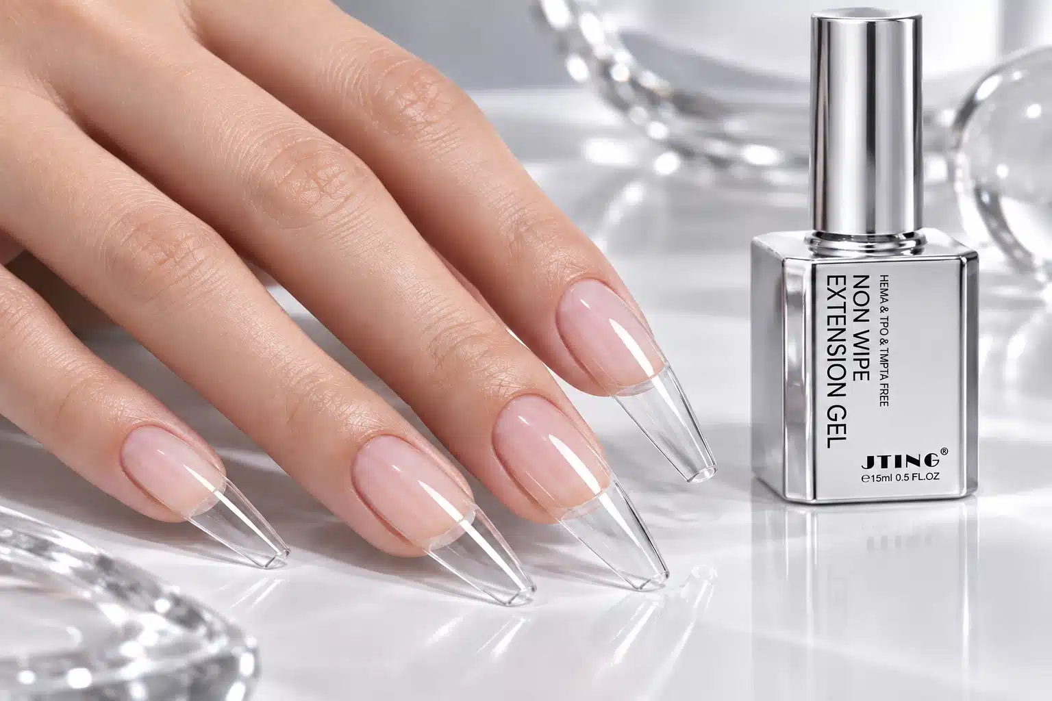 Non-wipe extension gel illustration with clear full-cover nail tips and a silver JTING bottle