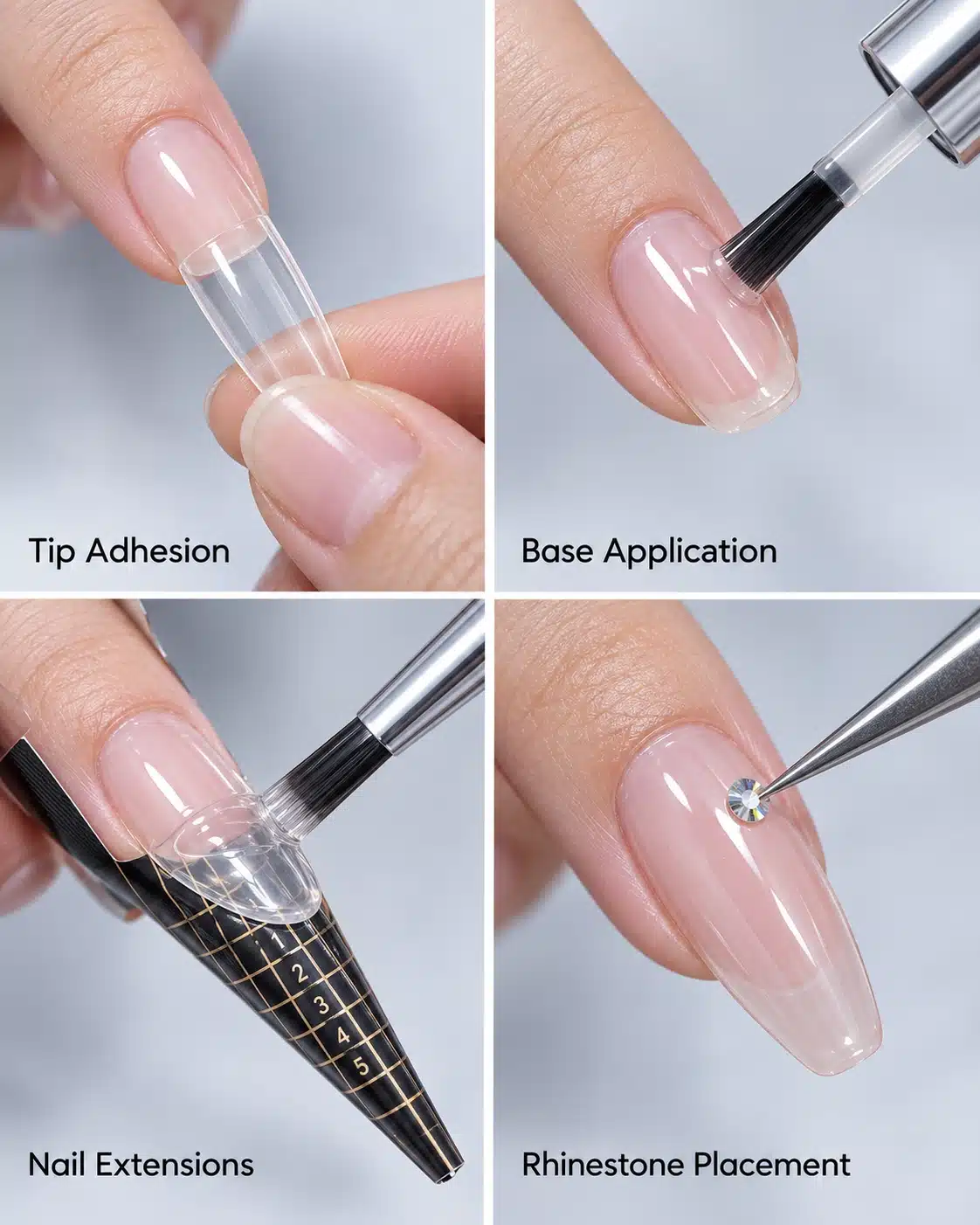 Four applications of non-wipe extension gel: tip adhesion, base application, nail extensions and rhinestone placement