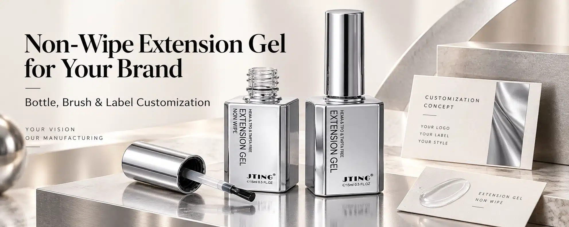 JTING non-wipe extension gel bottles, brush and label customization concept for private label buyers