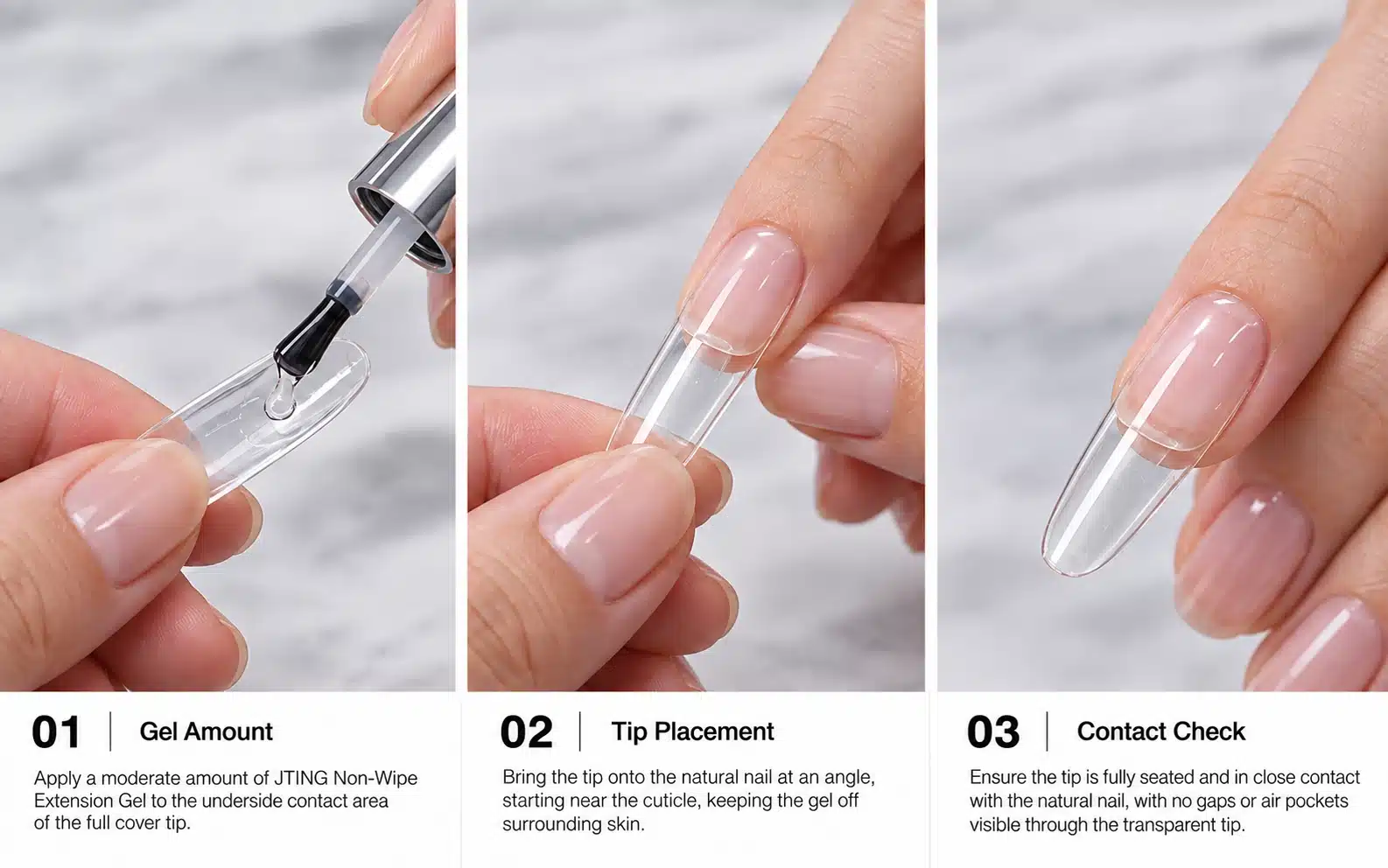 Non-wipe extension gel application illustration showing gel amount, tip placement and contact inspection