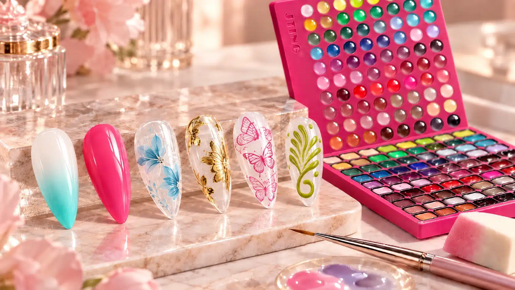 JTING Ombre Gel Palette with six nail art applications including ombre, color gel, painting, chrome, stamping and 3D modeling