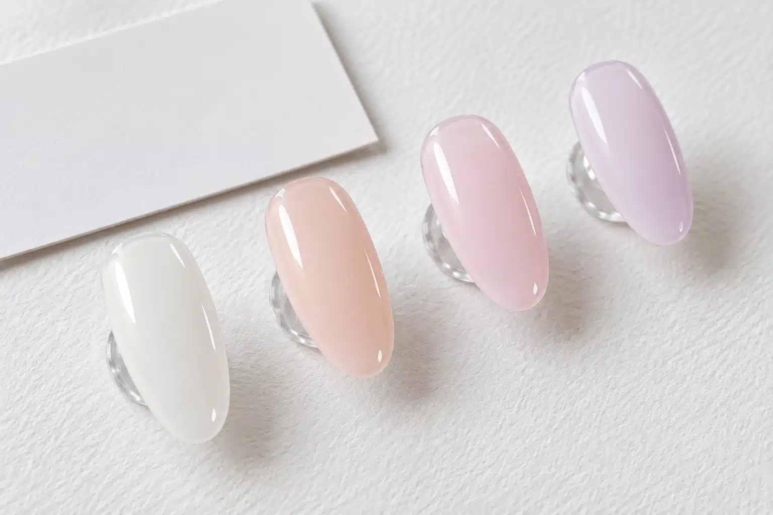 Milky white, peach, pink and lilac nail samples under neutral lighting