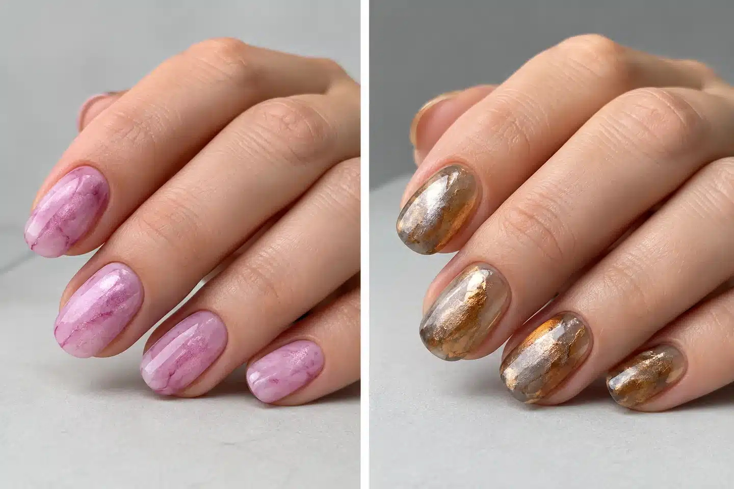 Pink pearlescent marble and gold metallic marble manicure concepts inspired by JTING pearlescent and metallic marble ink collections