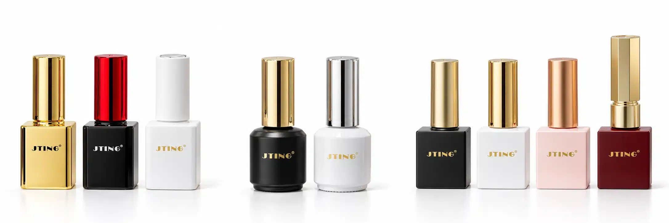 JTING 363, 489 and 562 gel nail polish bottles with coordinated caps in gold, black, white, pink and red
