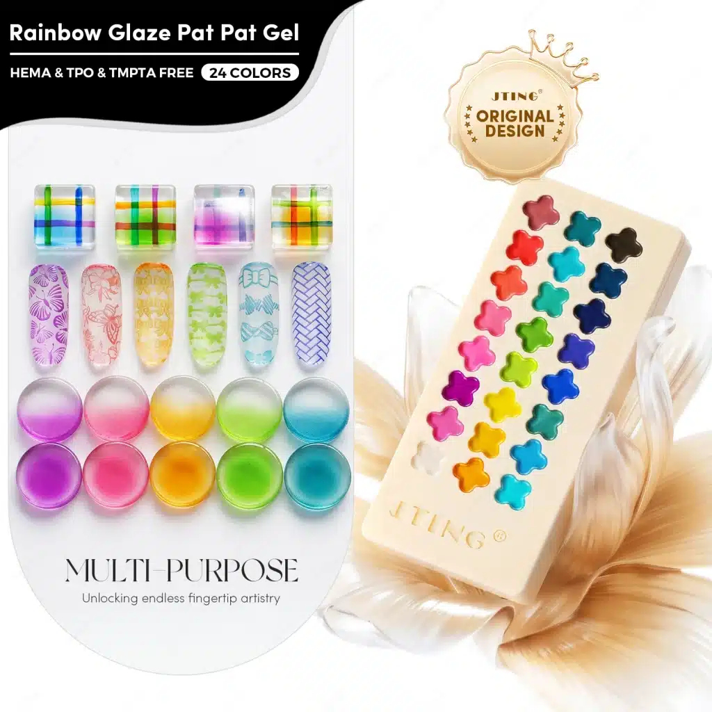 JTING Rainbow Glaze Pat Pat Gel 24-color clover-display palette with painted, patterned, gradient and blush samples