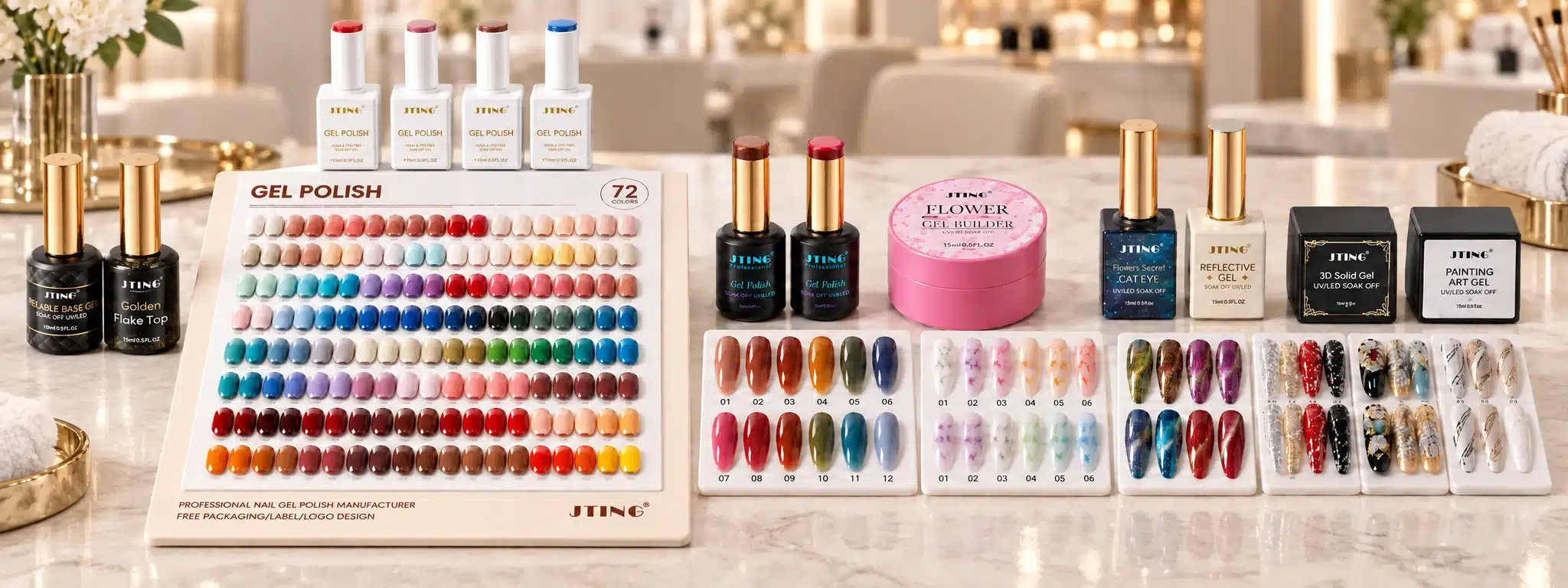 JTING salon product selection with gel nail polish colors, builder gel, cat eye, reflective and nail art gels alongside shade charts.