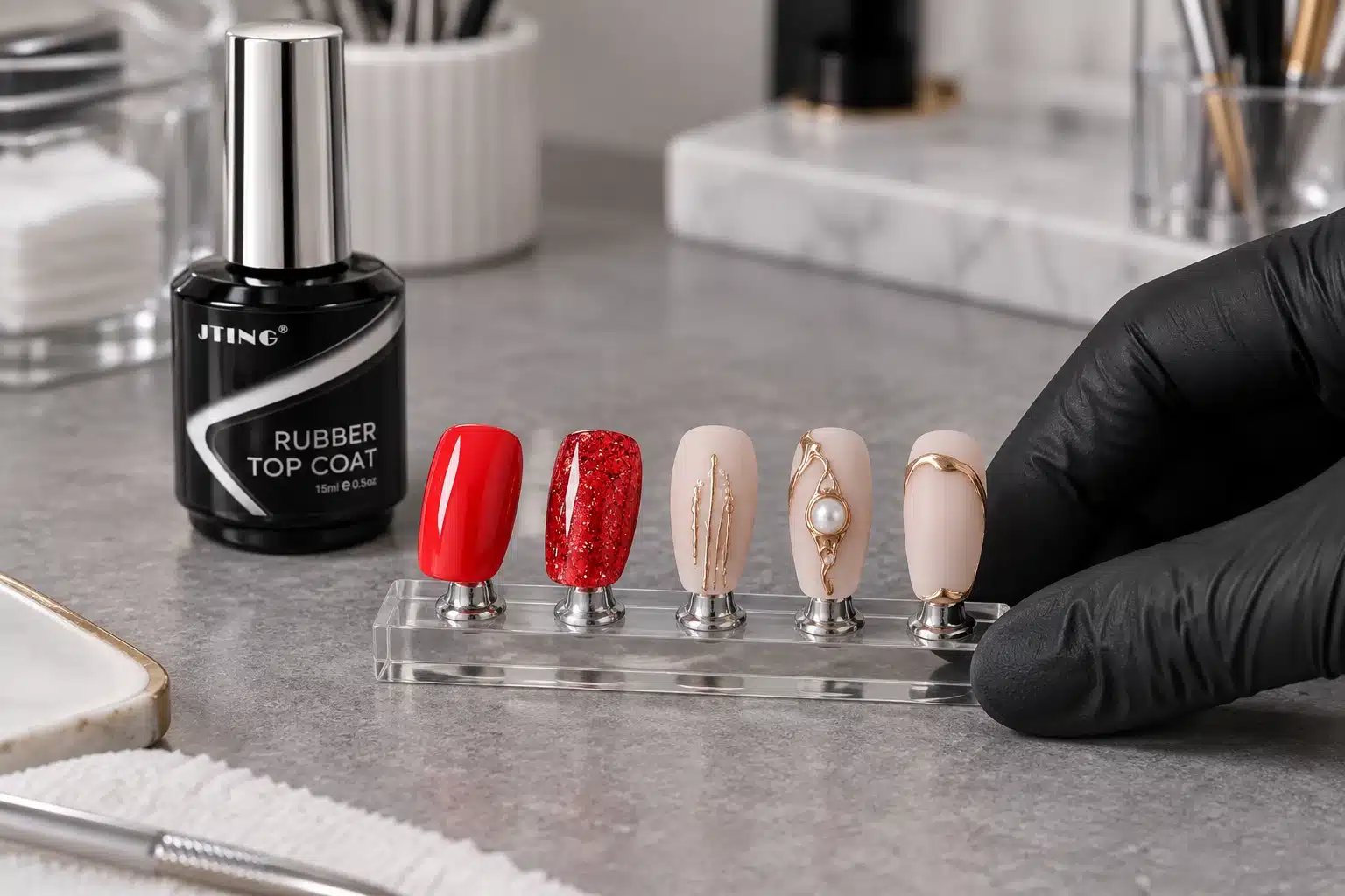A gloved hand presenting glossy red and nude matte nail art samples