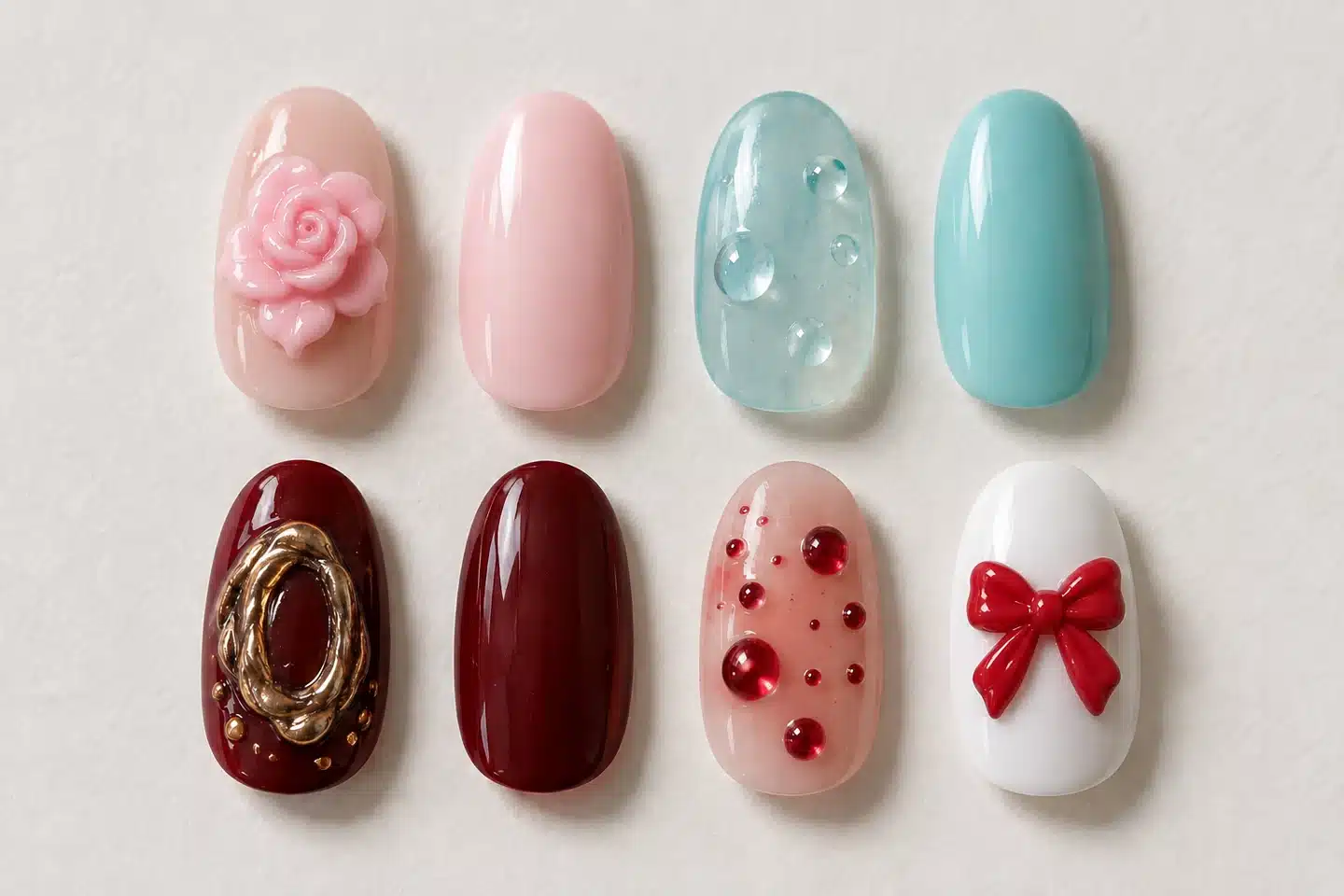 Eight seasonal nail tips pairing floral, clear-drop, metallic and red accents with supporting colors