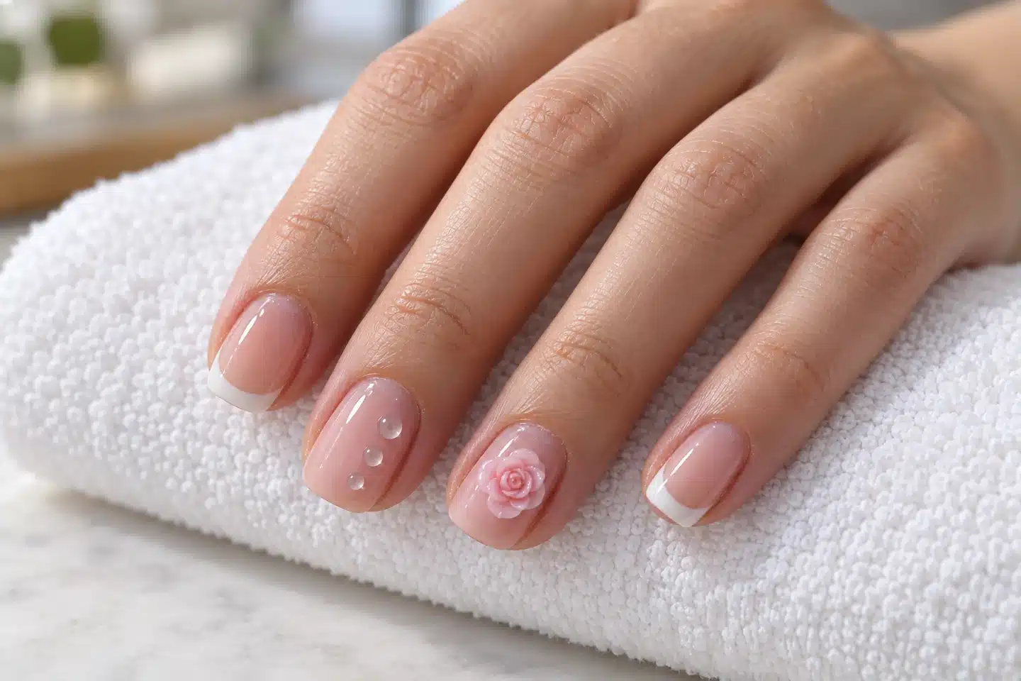 Short French manicure with clear raised droplets and a small pink sculpted flower
