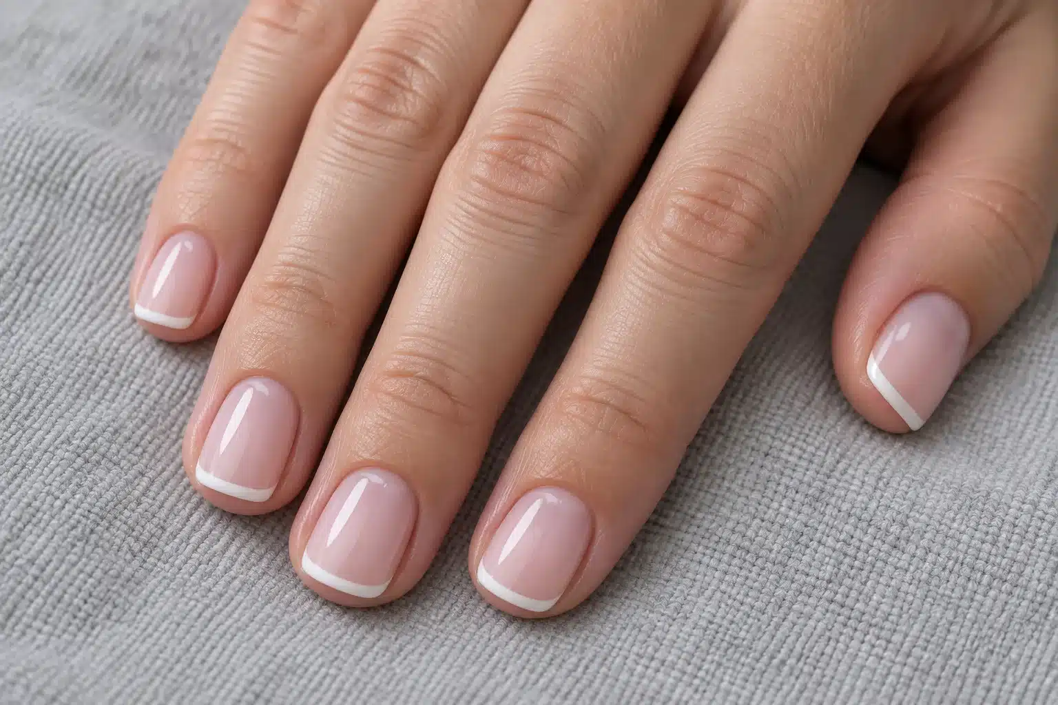 Short squoval nails with milky pink gel and thin white micro French tips