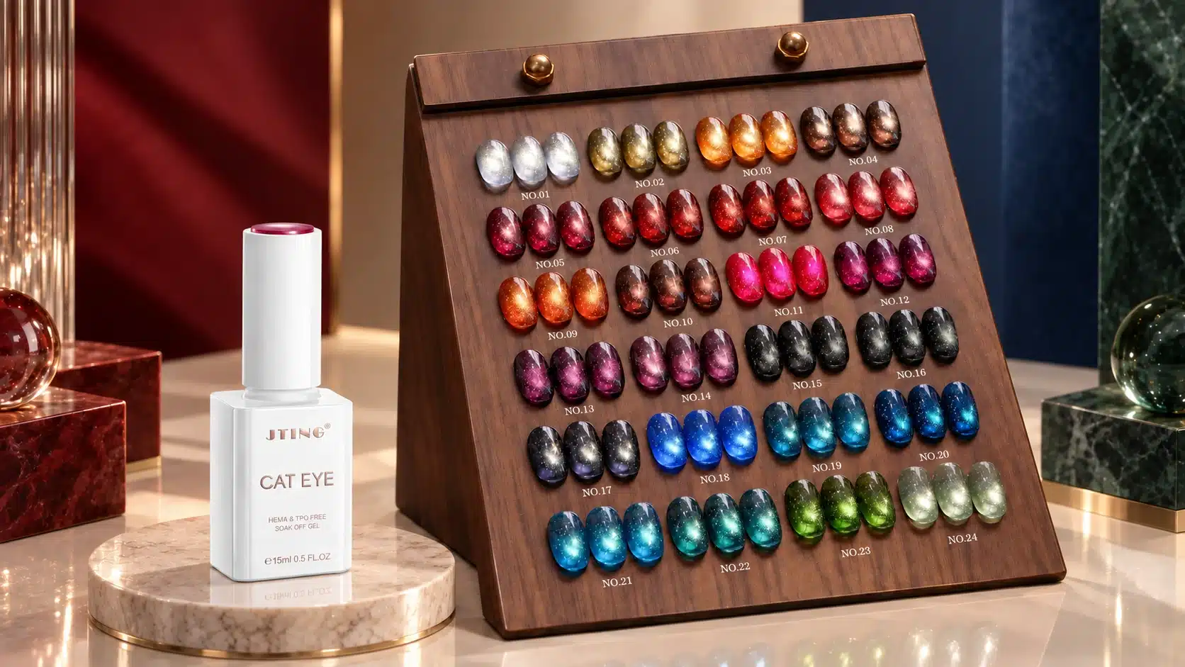 JTING Sparkle Flash Cat Eye 24 color collection with magnetic reflective cat eye swatches and 15ml gel polish bottle
