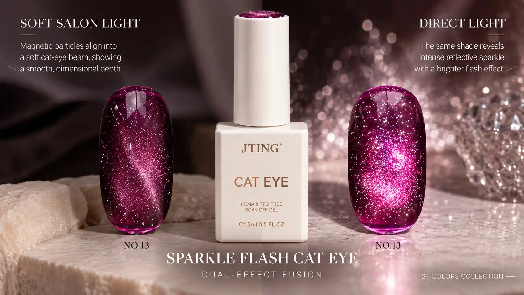 JTING Sparkle Flash Cat Eye NO.13 showing magnetic cat eye depth under soft salon light and reflective flash sparkle under direct light