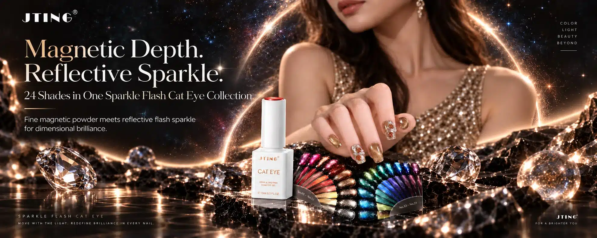 JTING Sparkle Flash Cat Eye commercial banner featuring 24 magnetic reflective shades, product bottle and professional nail art display
