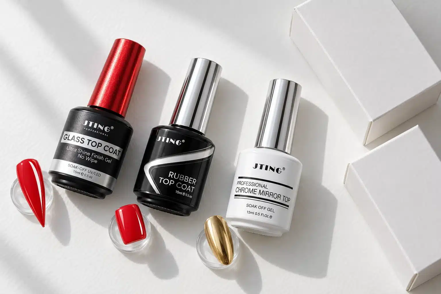 JTING Glass, Rubber and Chrome Mirror top coat bottles beside plain packaging boxes