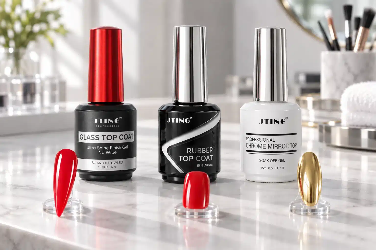 JTING Glass, Rubber and Chrome Mirror top coat bottles with red and gold nail samples