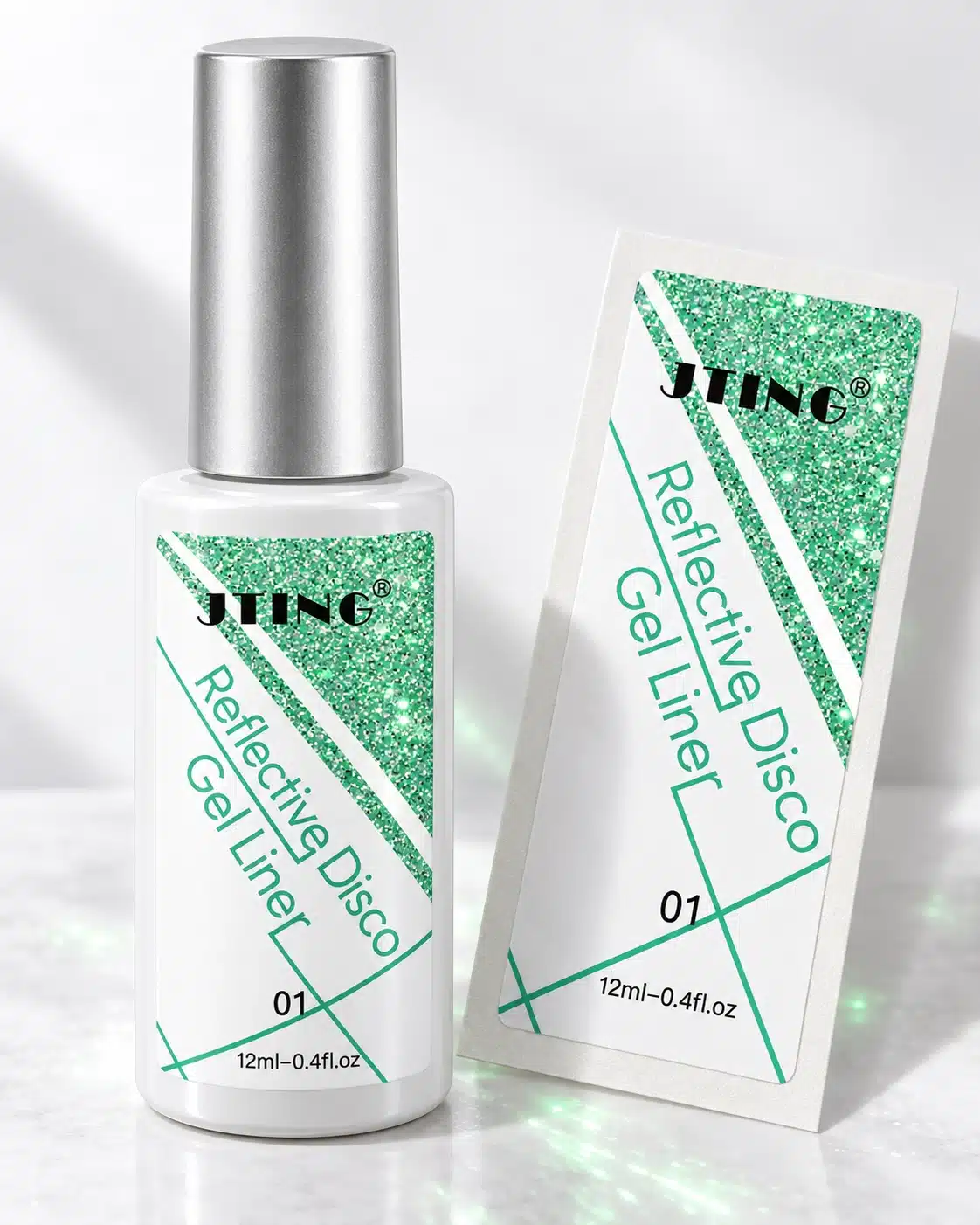 Green liner gel bottle with a matching rectangular JTING label