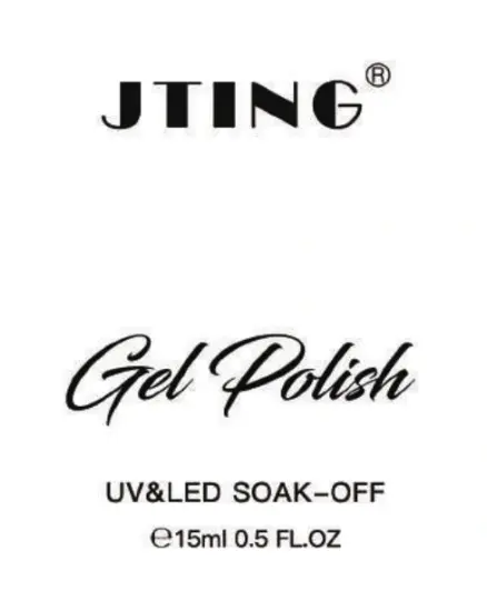 White gel nail polish label with a black JTING logo and script product name