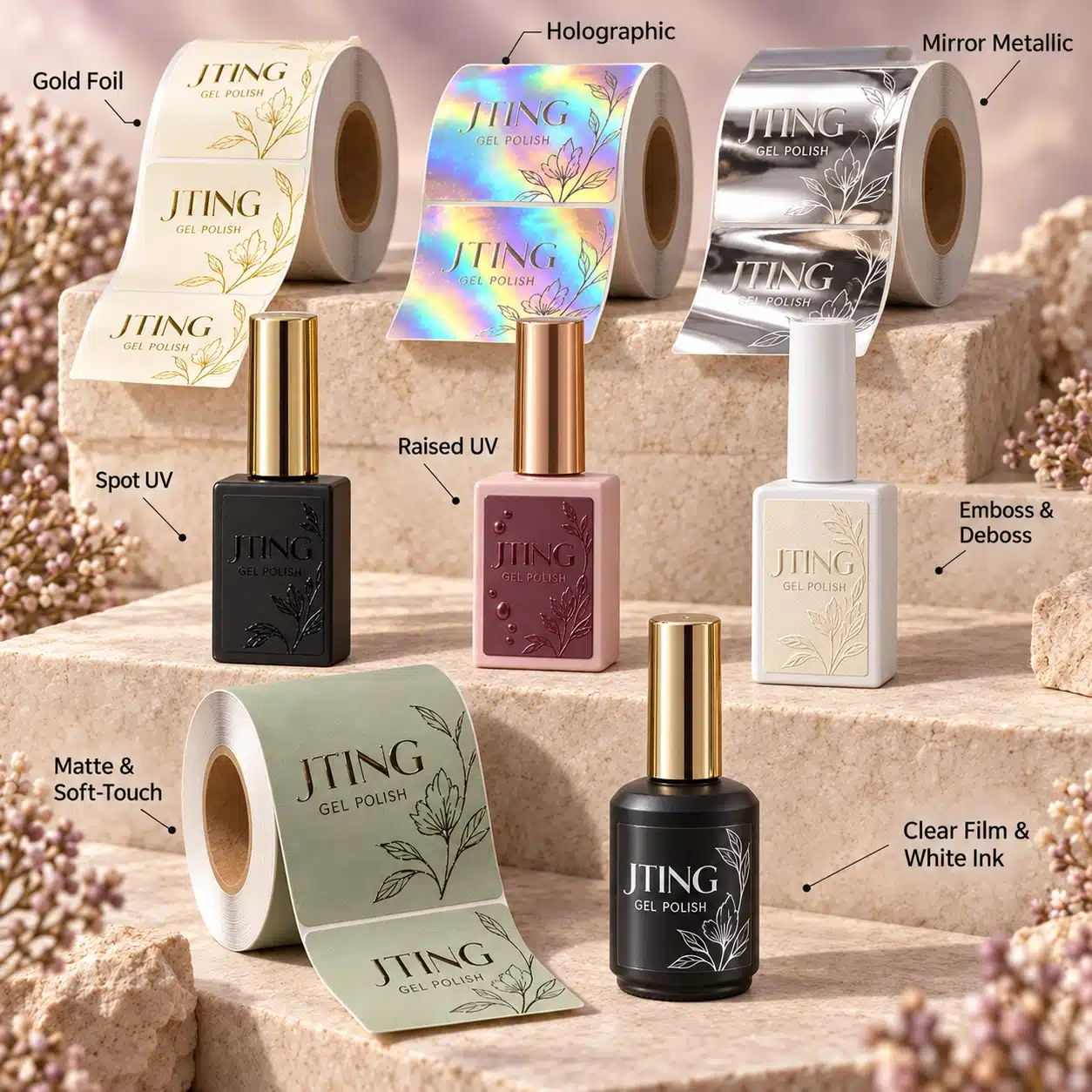 JTING label rolls and bottles illustrating foil, holographic, mirror, spot UV, raised UV, embossed, matte and clear label finishes
