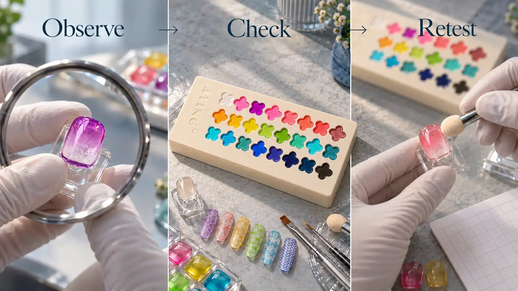 Observe, Check and Retest workflow showing nail inspection, tools and sponge application with a JTING palette