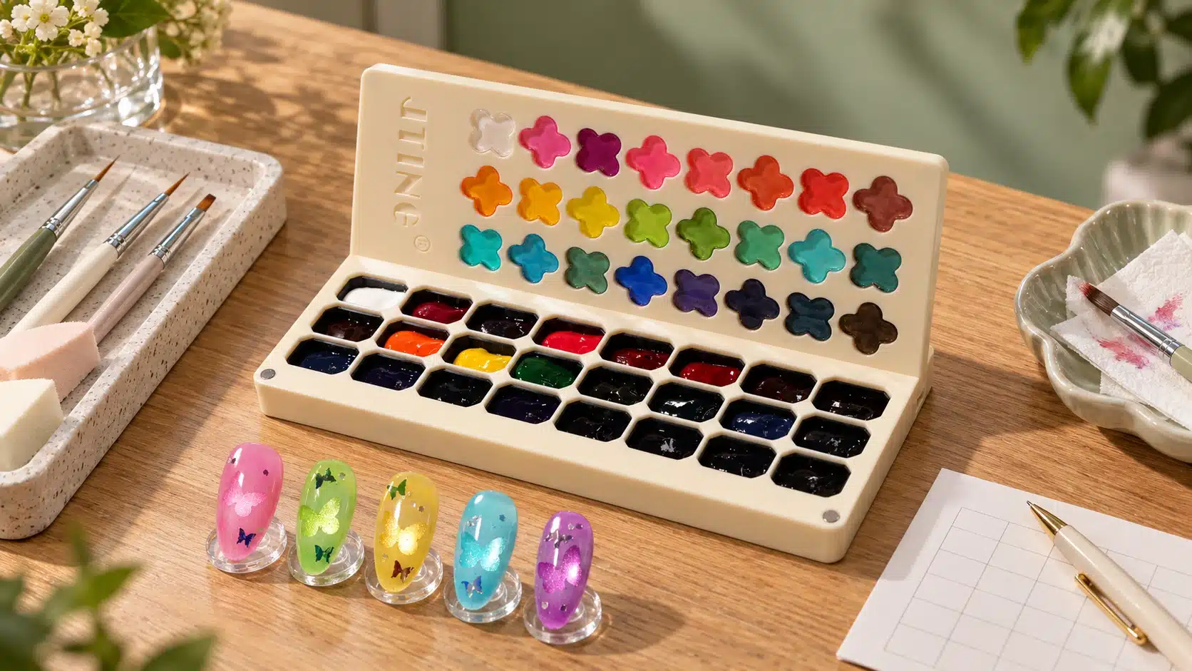 JTING pat pat gel palette with nail samples, clean brushes and a separate used-tool tray on an oak desk