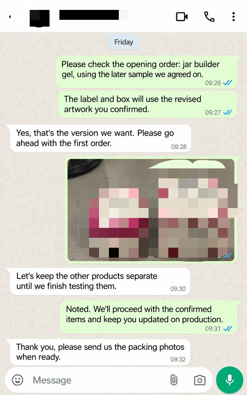 WhatsApp confirmation of the first builder gel order, including the sample version and floral-label packaging.