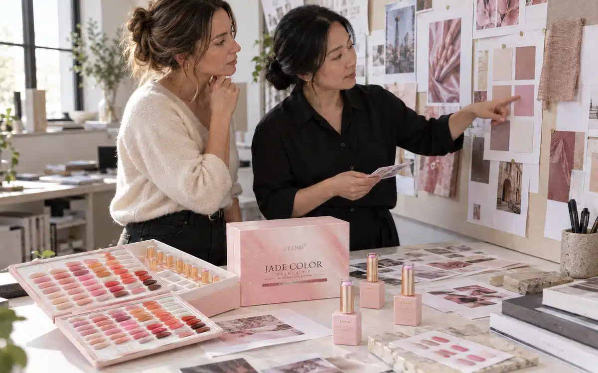 Private label nail brand founder and JTING specialist reviewing gel nail polish colors, packaging and visual direction