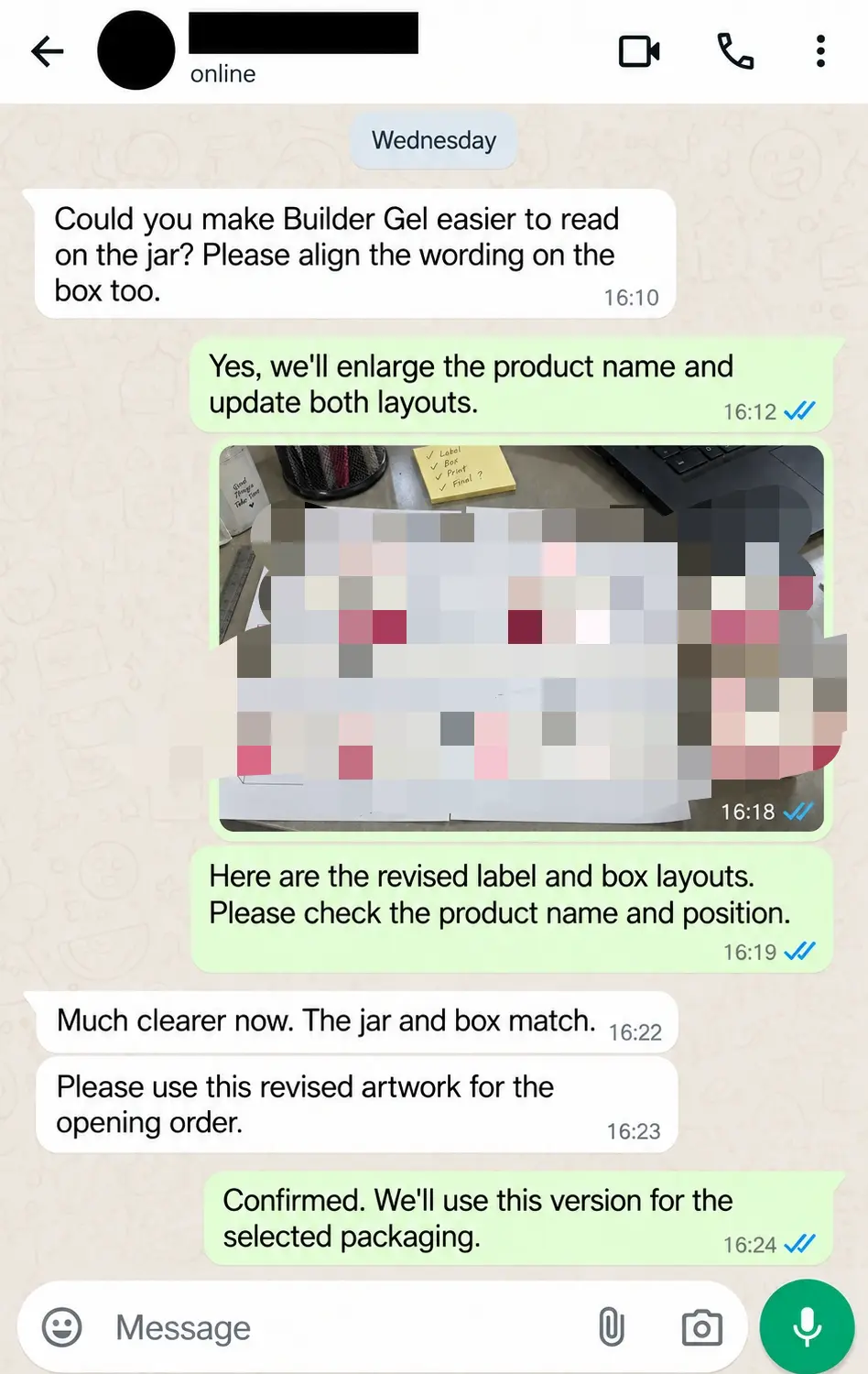 WhatsApp conversation reviewing revised jar labels and confirming the packaging artwork.