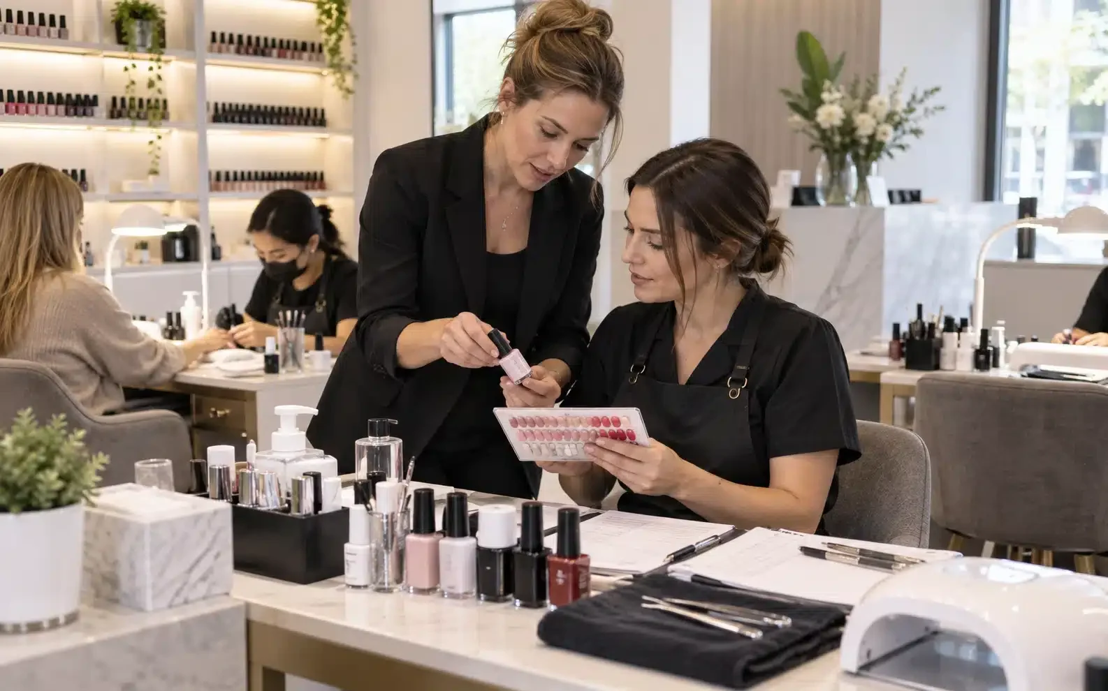 Nail salon manager and technician reviewing gel nail polish shades and service products in a professional salon