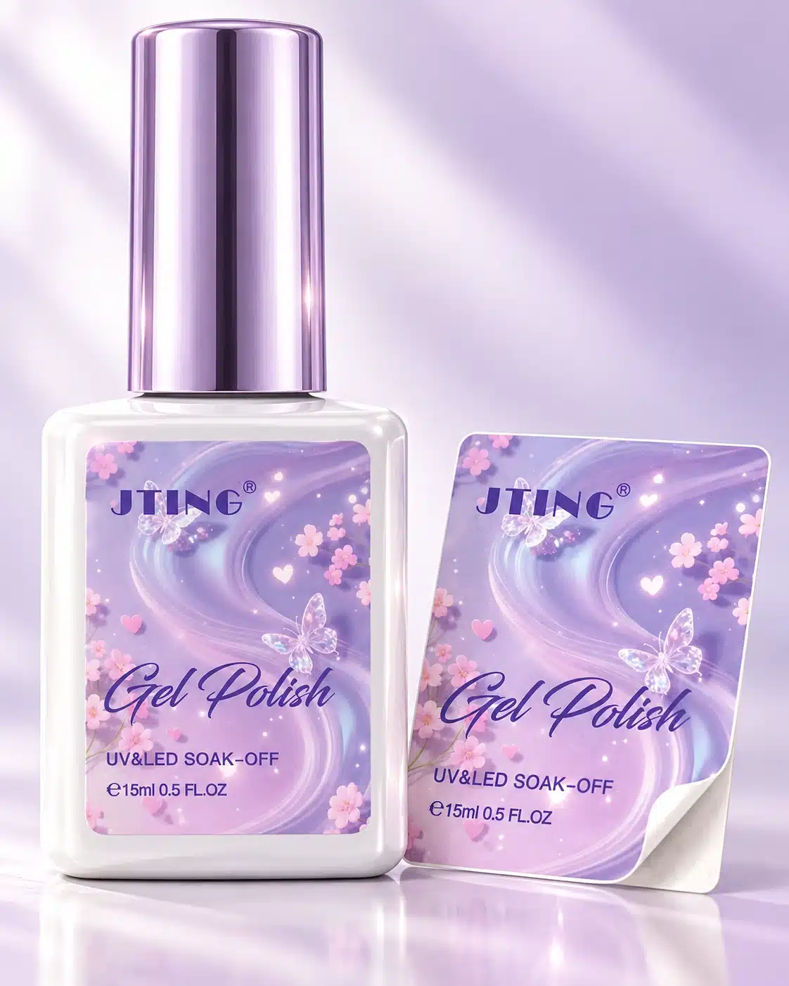 Purple floral JTING gel nail polish bottle with a matching adhesive label