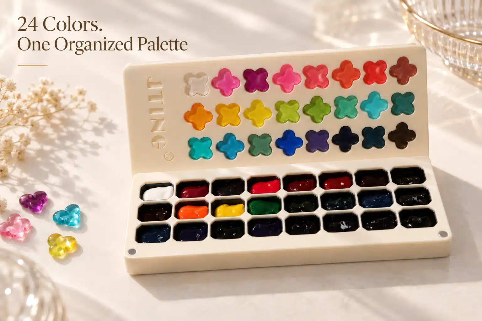 Open JTING Rainbow Glaze Pat Pat Gel palette showing 24 separate gel wells and a three-row clover-shaped shade display