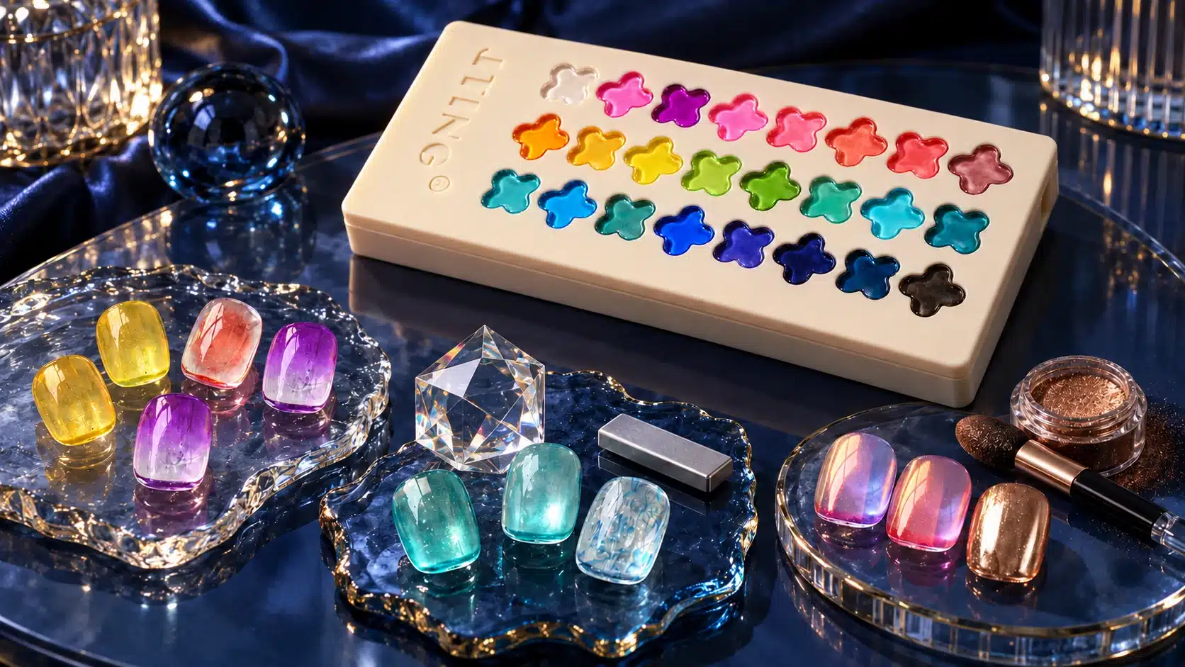 Glass-color and layered nail samples with a separate magnet and chrome powder pot beside a JTING palette