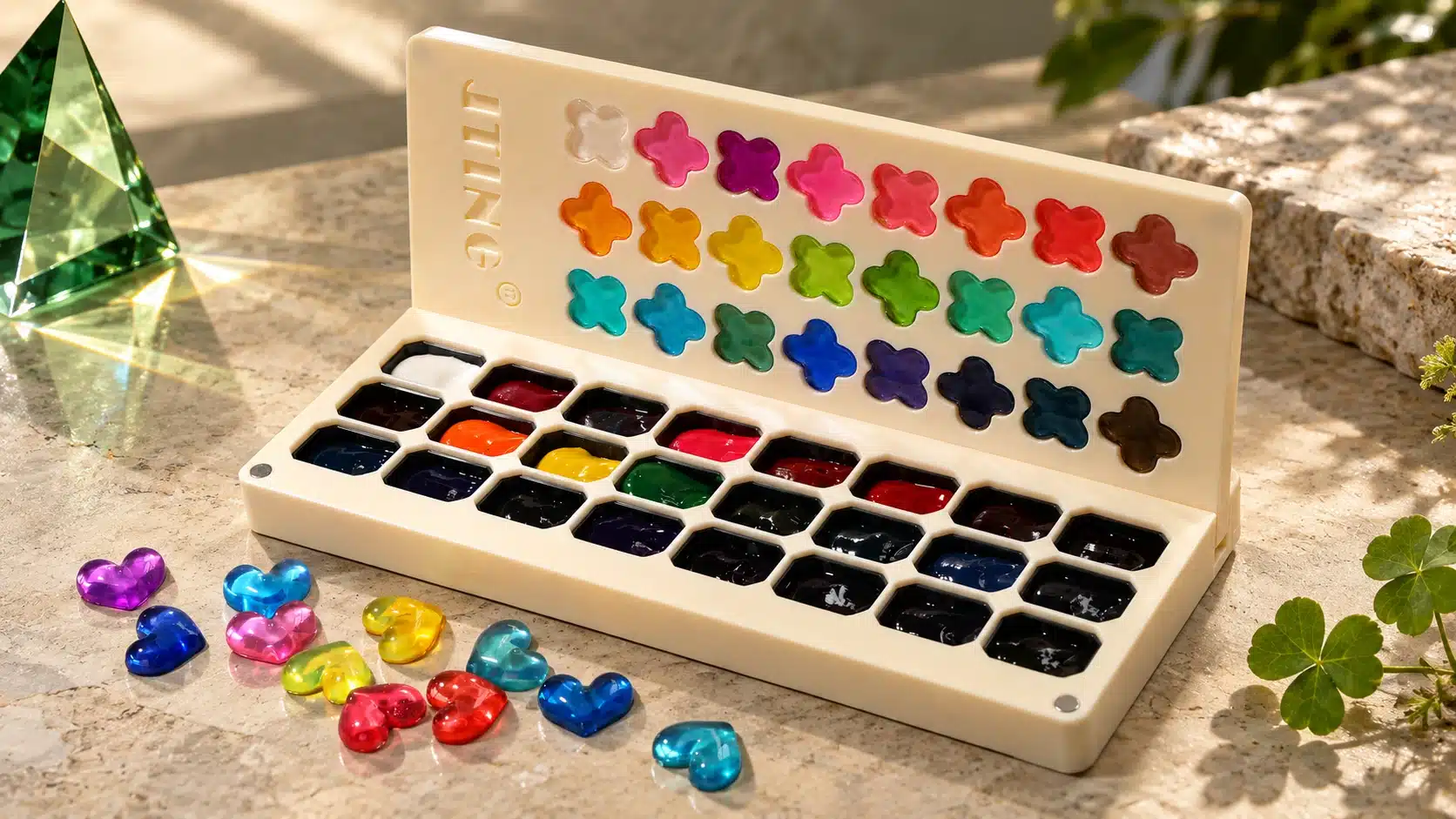 JTING clover shade display above the separate gel compartments in an open cream palette