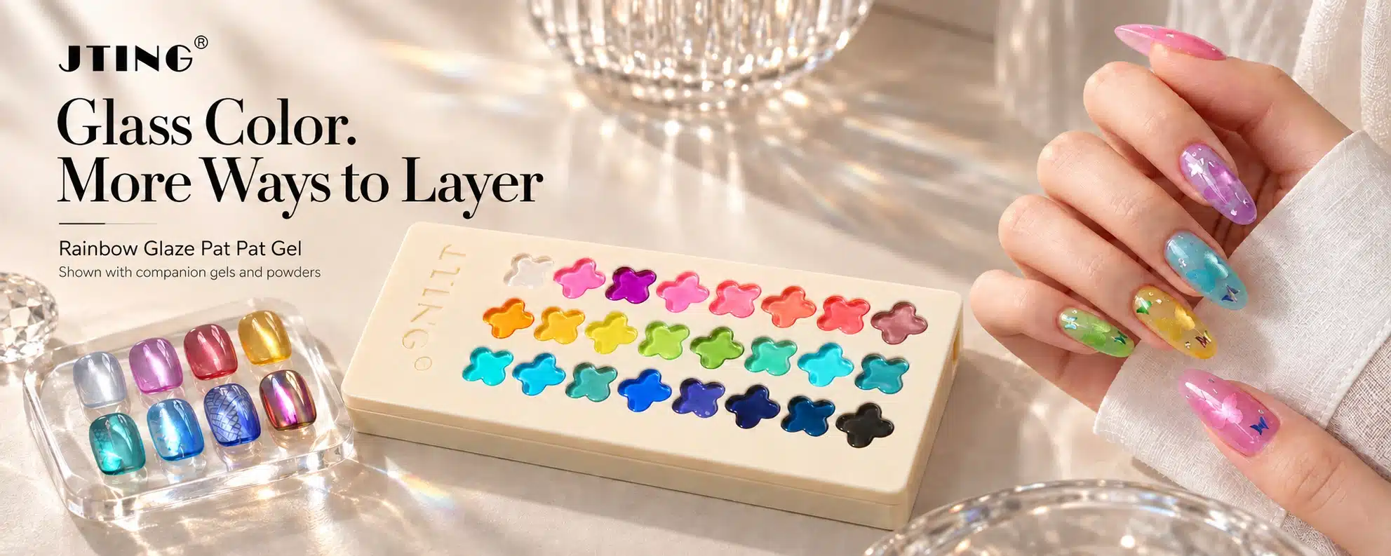 JTING Rainbow Glaze Pat Pat Gel palette with butterfly manicure and companion cat-eye and chrome nail art samples