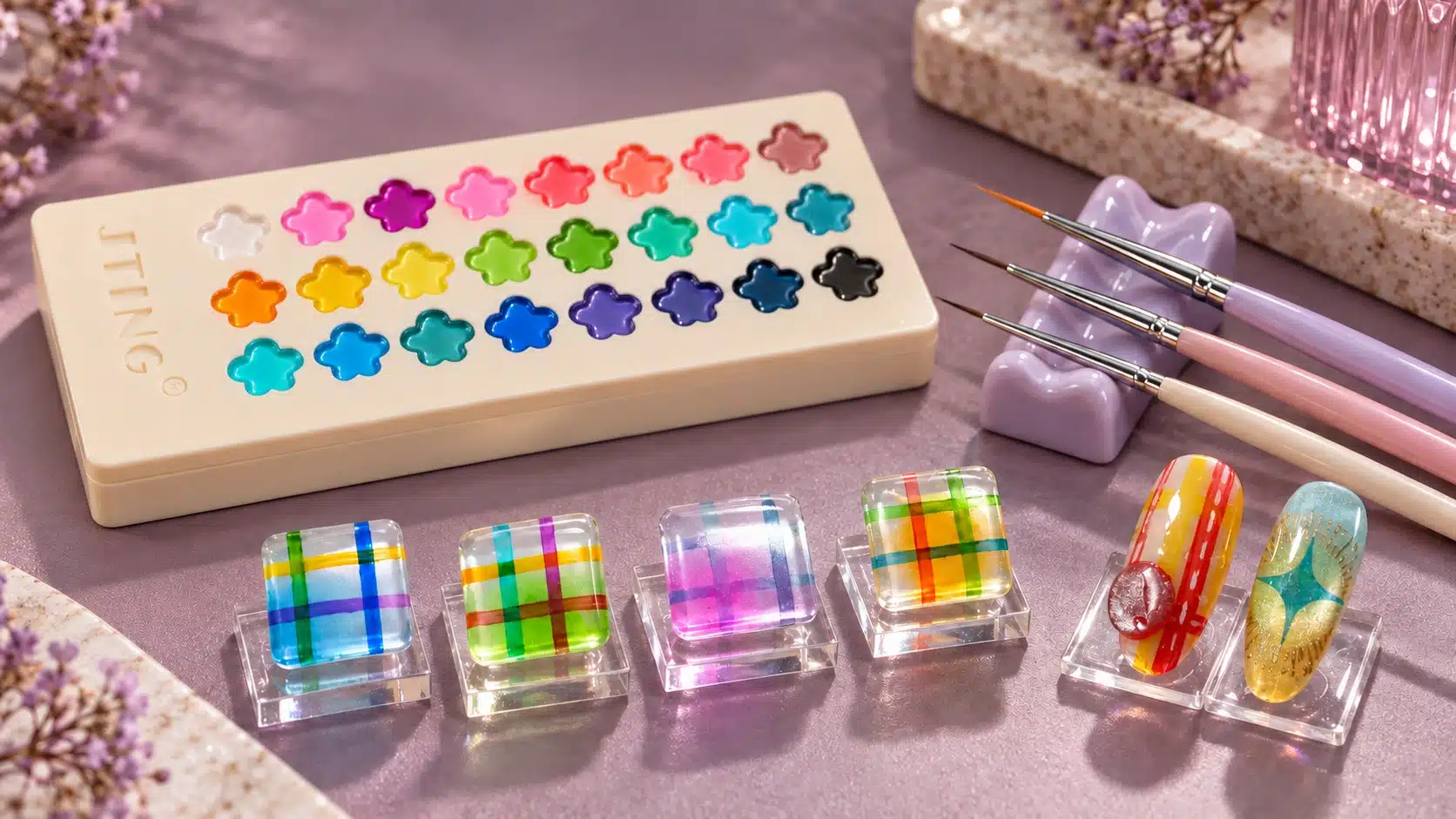 Translucent plaid nail samples and detailed almond nail designs beside a closed JTING clover palette
