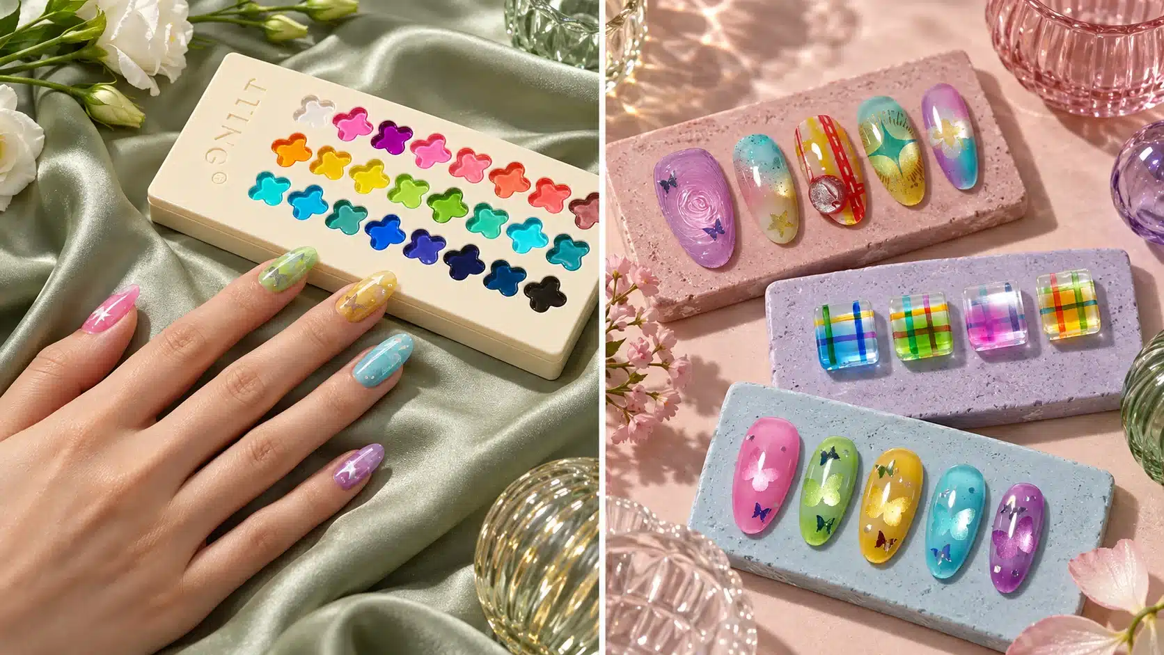 Hand model wearing butterfly nail art beside grouped plaid and decorative nail samples