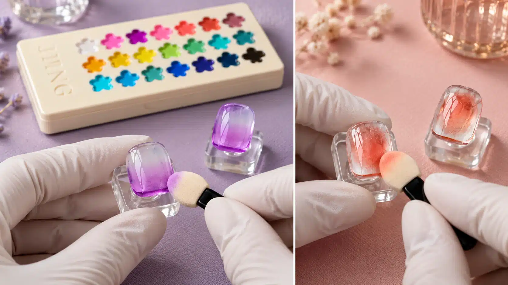 Gloved hands using sponge applicators on purple ombre and coral blush nail tips held on clear stands