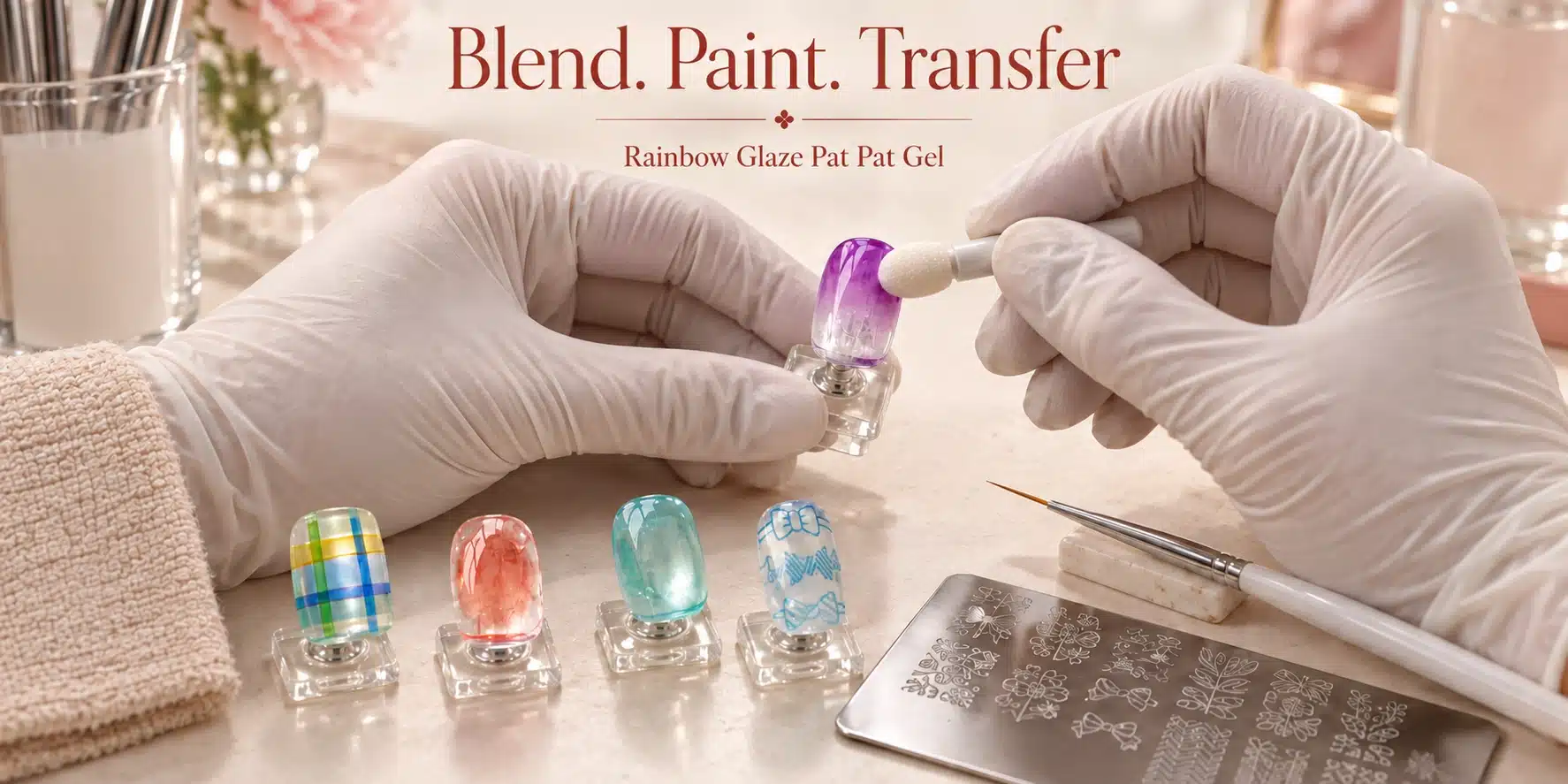 Gloved nail technician demonstrating sponge blending beside plaid, blush, translucent and transfer nail art samples for Rainbow Glaze Pat Pat Gel