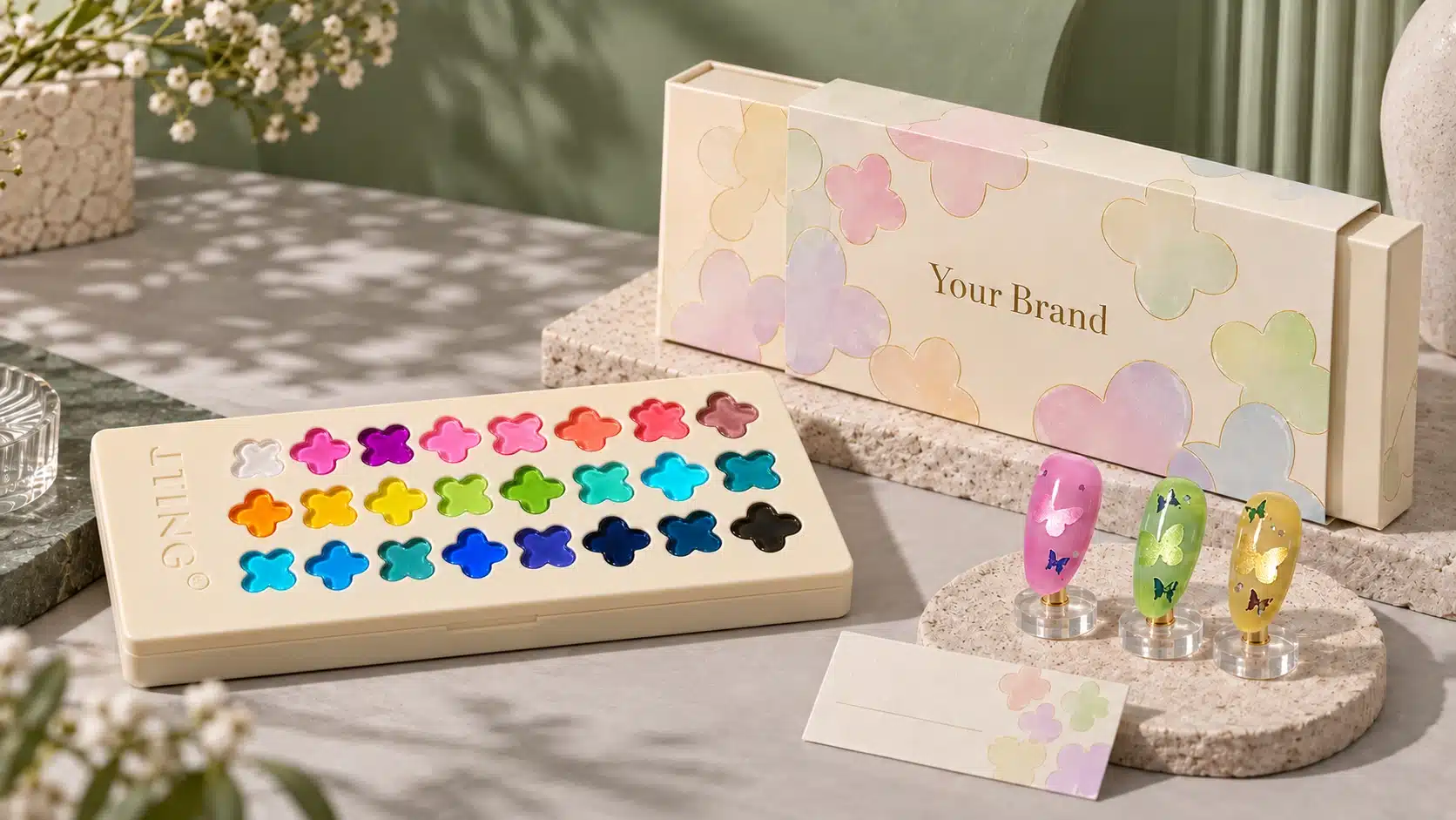 JTING clover palette beside a custom packaging concept marked Your Brand and butterfly nail samples