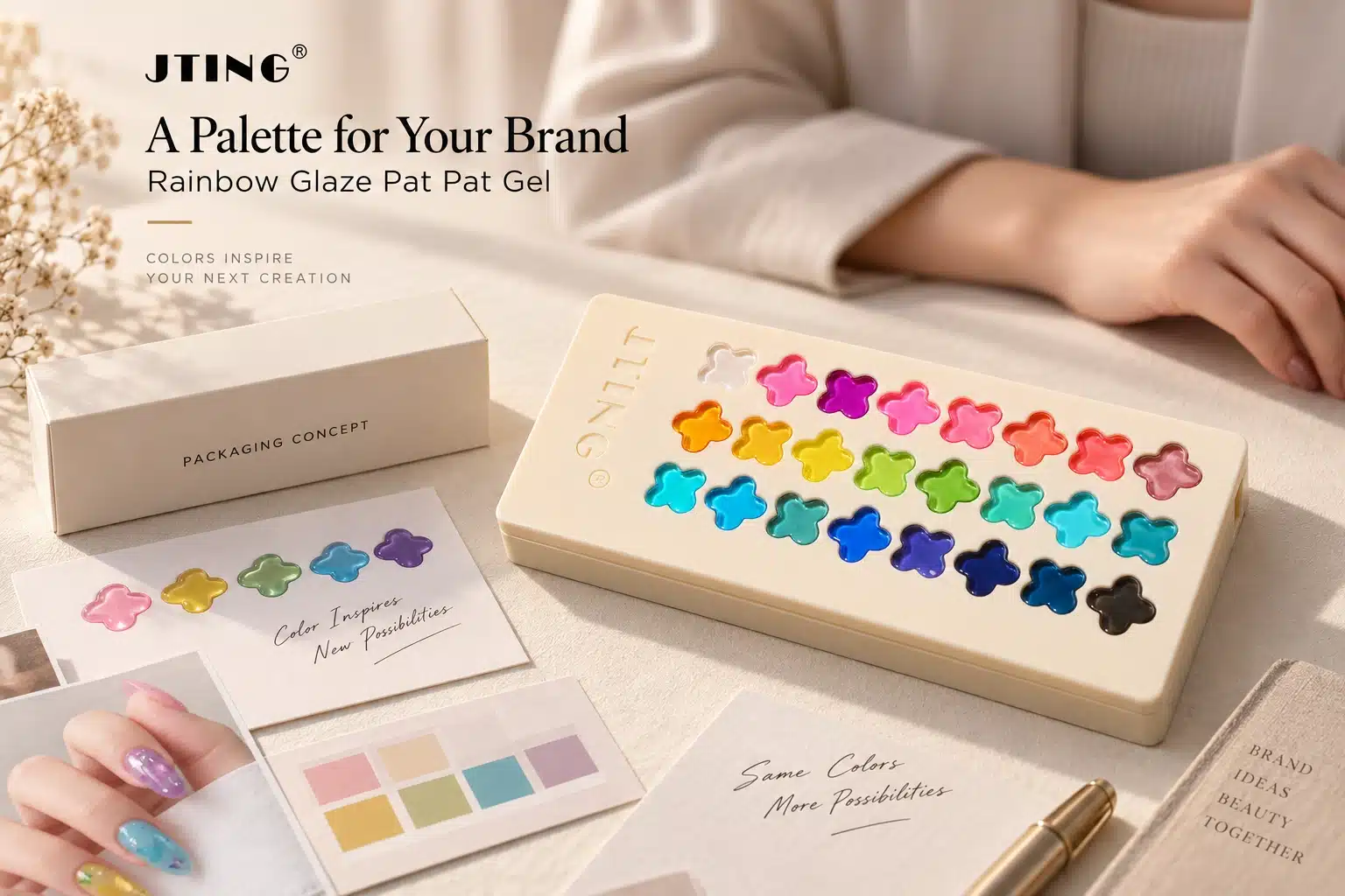 Rainbow Glaze Pat Pat Gel clover-display palette with a packaging concept box and brand presentation materials