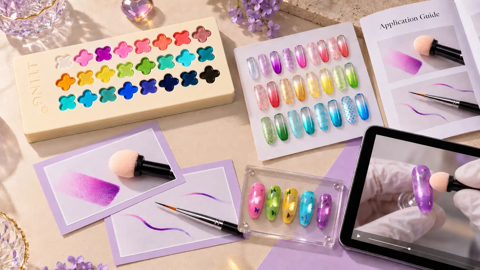 JTING clover palette with shade samples, application cards, a guide and a tablet demonstration