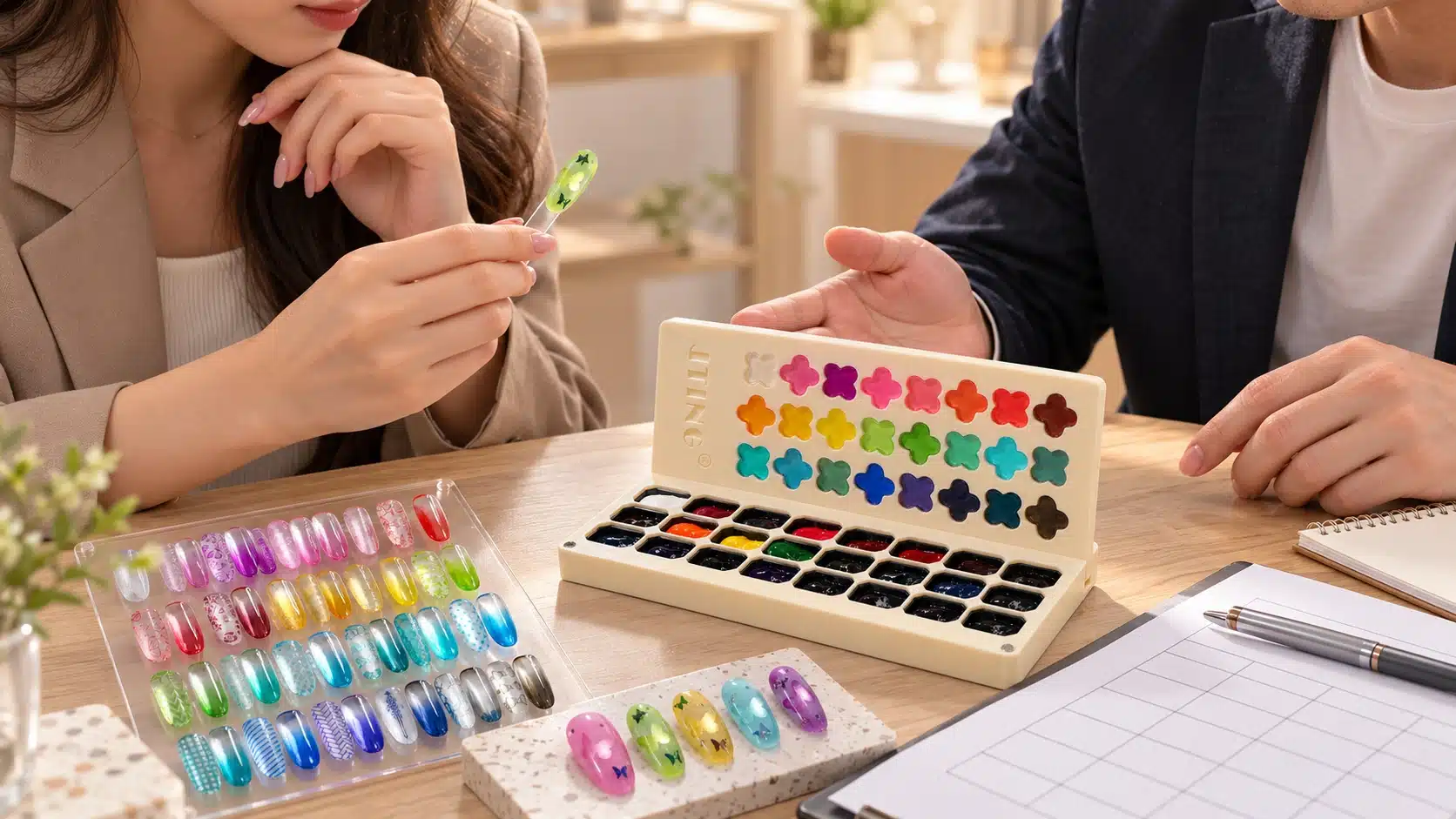 Professional sample-review concept with a JTING clover palette and translucent nail samples at a showroom table