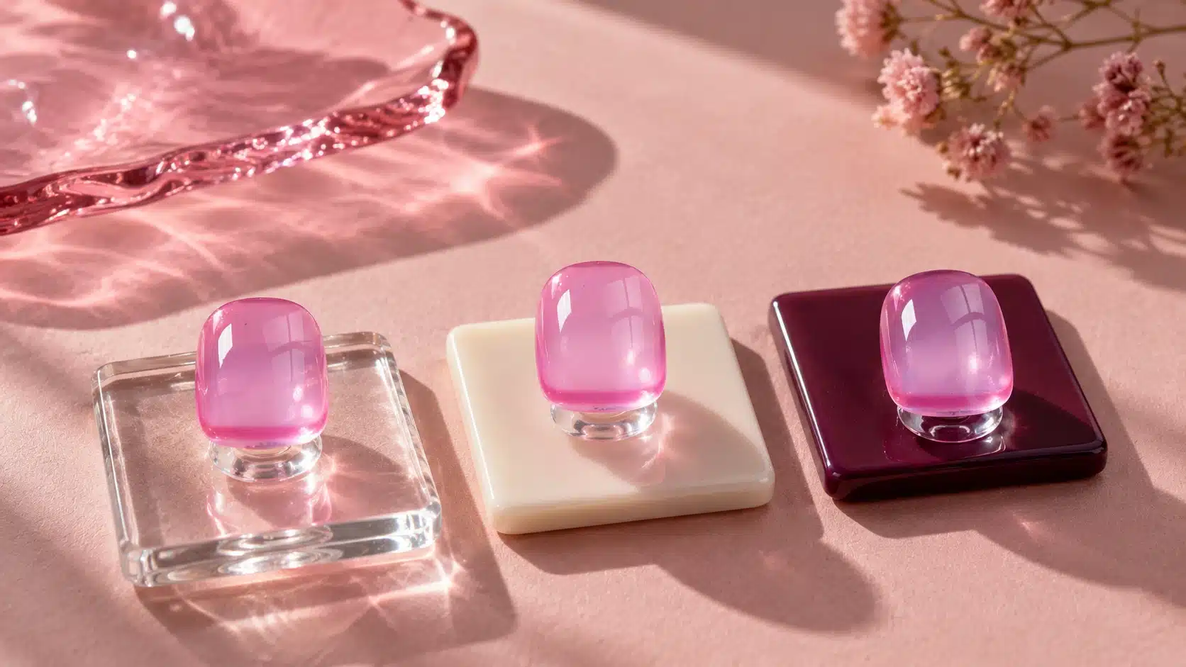 Illustration of pink translucent nail tips over clear, light and dark backing tiles