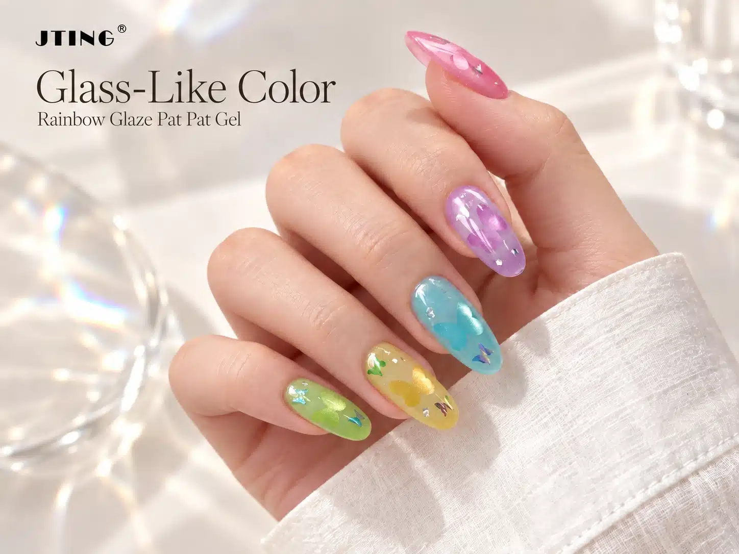 Rainbow Glaze Pat Pat Gel butterfly manicure in pink, lime green, yellow, aqua and purple