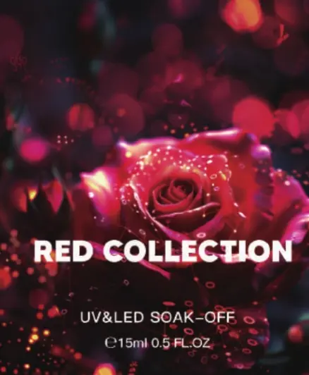 Gel nail polish label with red rose artwork and a Red Collection title