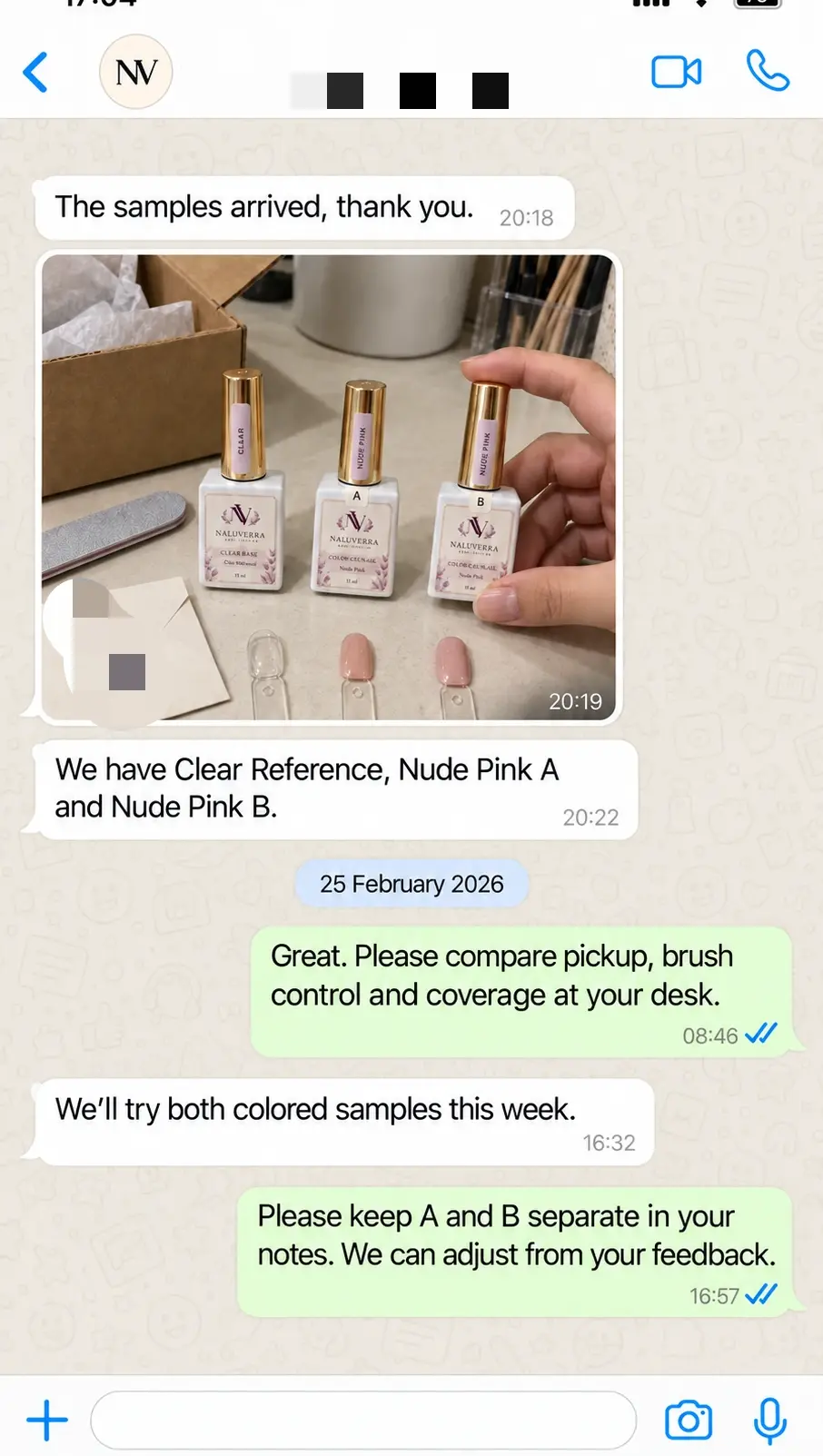 WhatsApp exchange confirming receipt and trial of clear and colored base gel samples