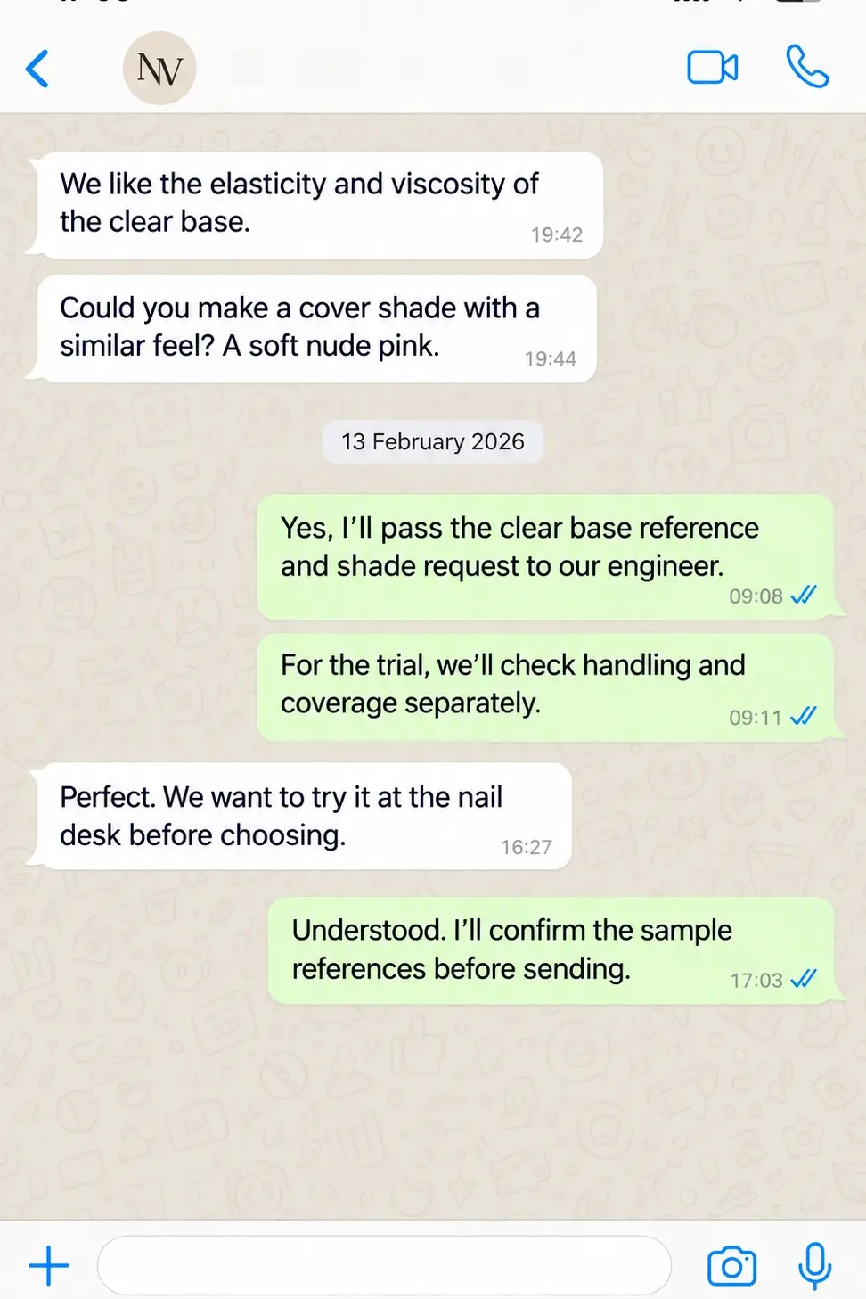 WhatsApp discussion about matching clear base gel handling in a colored cover formula