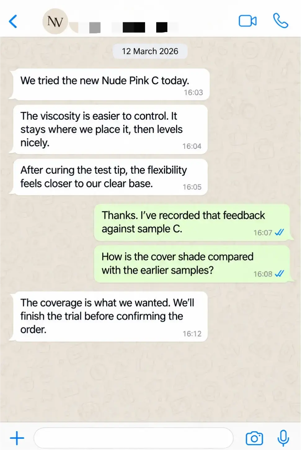 WhatsApp feedback on viscosity and cured flexibility of the later colored base gel sample