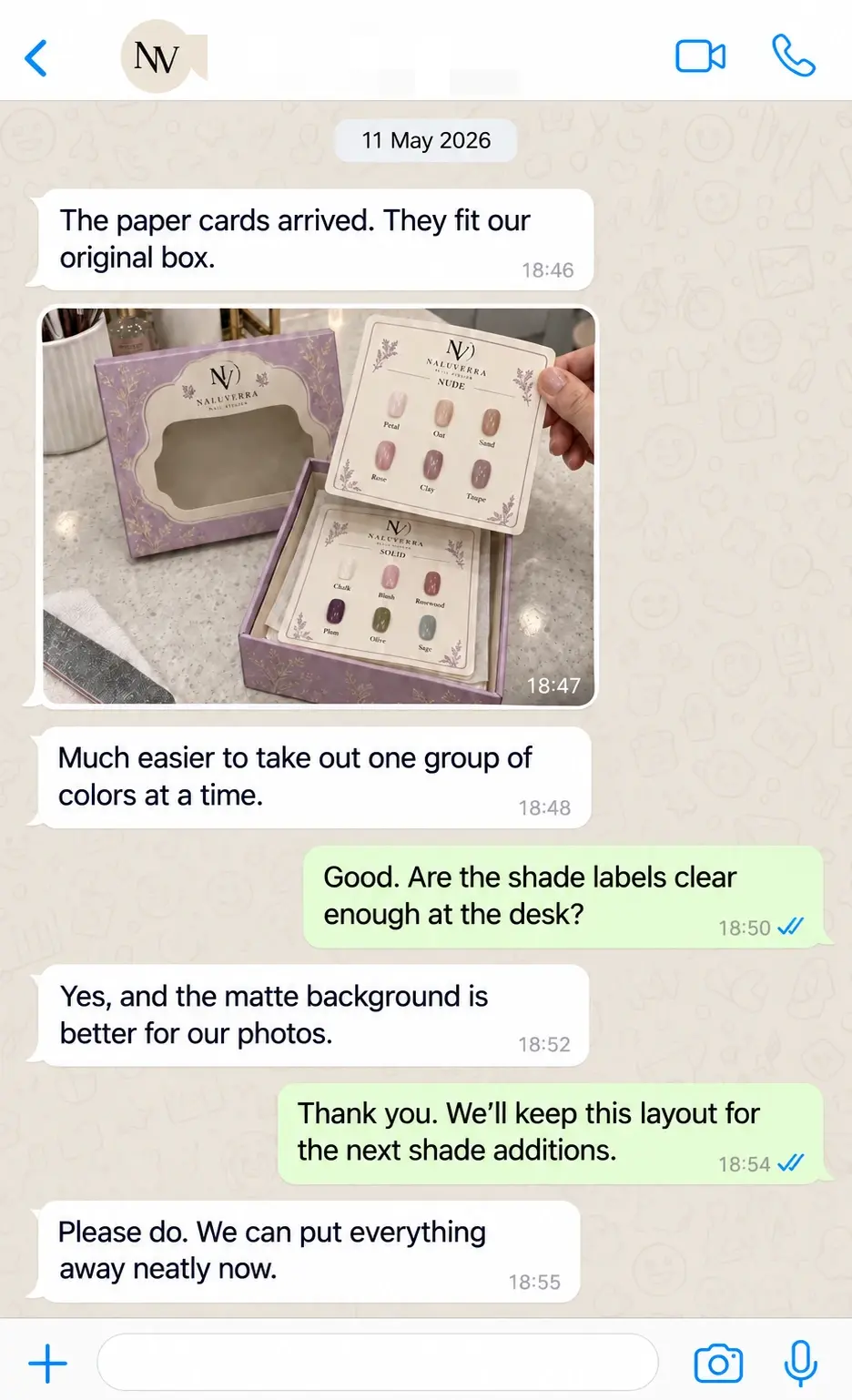 WhatsApp feedback on readable shade labels, matte card surfaces and storage in the original box